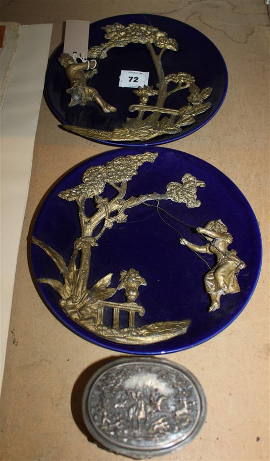 Pair ormolu mounted blue ceramic plaques & plated sewing box(-)